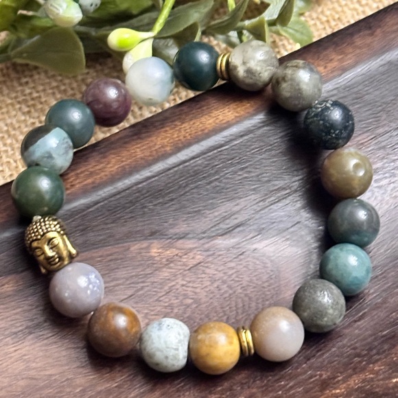 Buddha head Lucky Charm Green Moss Agate Bracelet - Picture 1 of 3